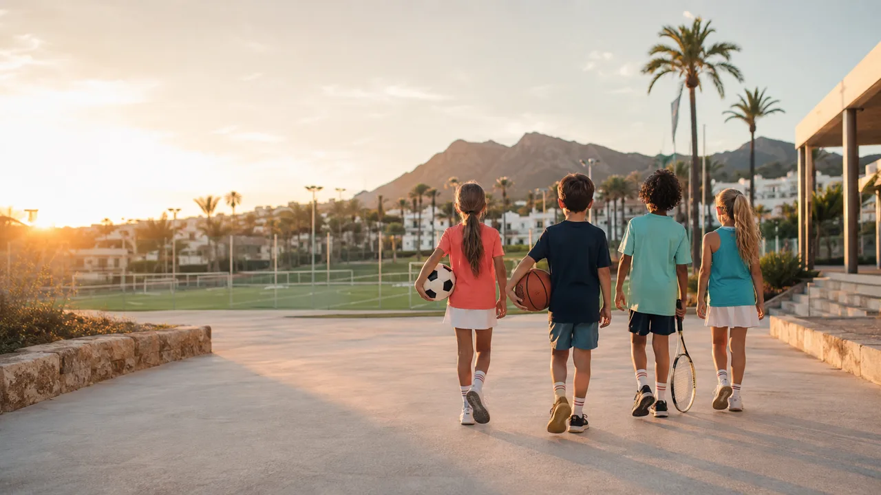 Children arriving at a sports field carrying equipment for different sports.